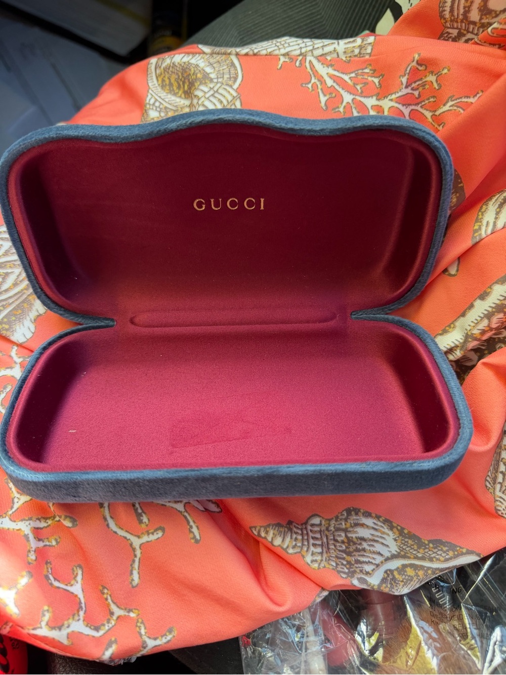 Gucci Velvet Eyewear Case in Burgundy with Blue Trim
